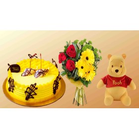 Lemon Cake, Pooh Teddy Bear & Flowers Combo With Love